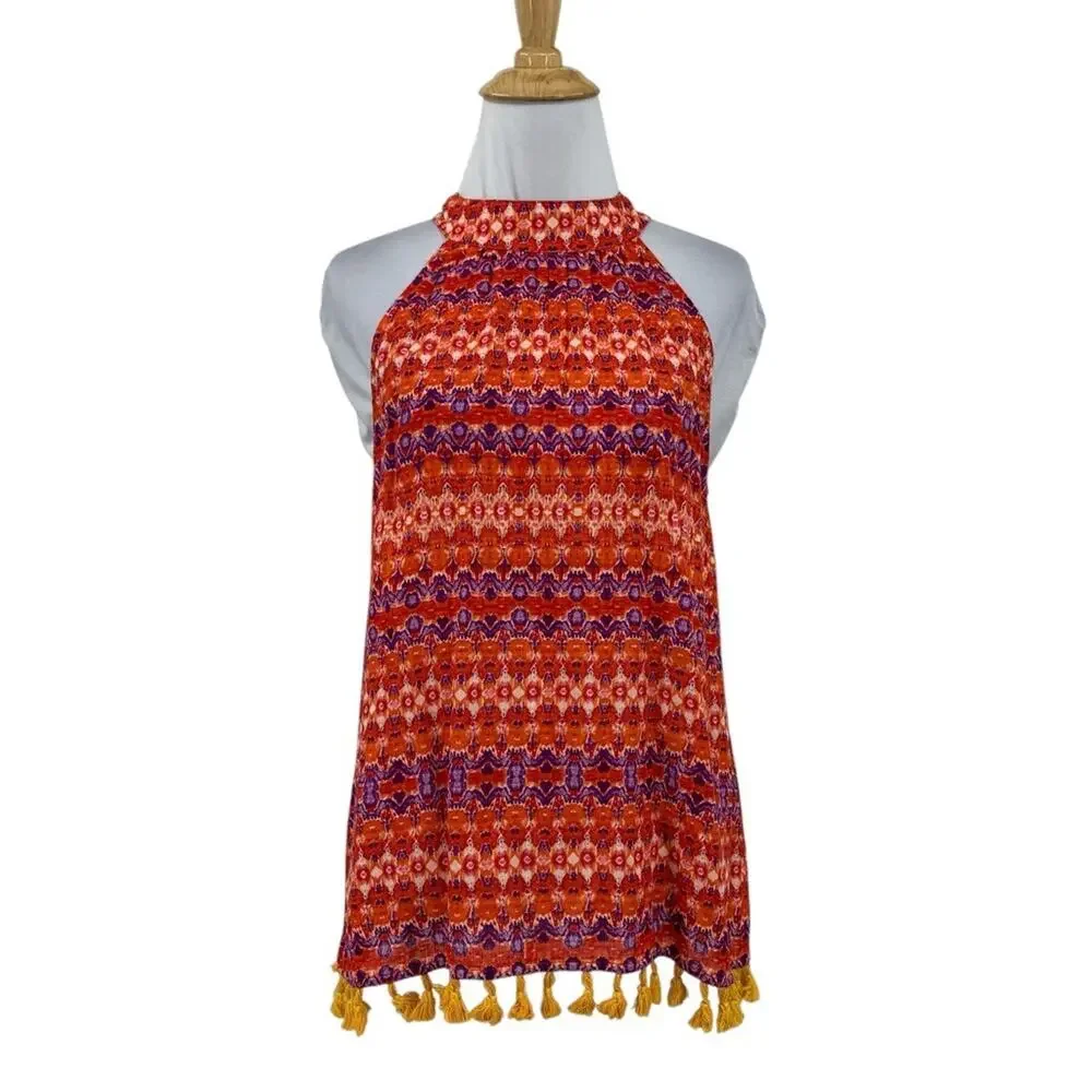 THML Top Womens S Small Red Orange Multi Halter Big Bow Tie Back Tassels Hem